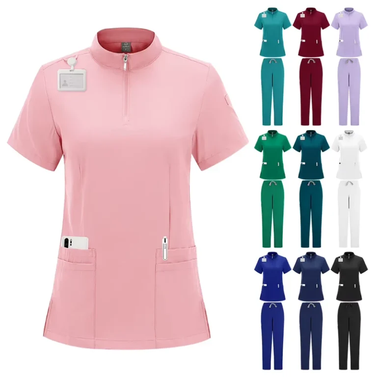 Stand-Up-Collar-Womens-Medical-Nursing-Scrub-Set-with-Nurse-Pants-Unisex-Hospital-Uniform