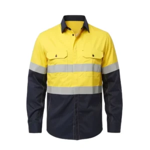 Stock High Vis Breathable Cotton Yellow-Navy Two Tone Long Sleeve Construction Reflective Safety UPF 50+ Hi Vis Work Shirt