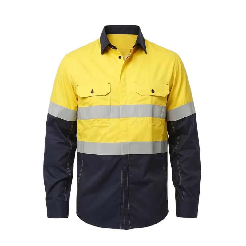 Stock High Vis Breathable Cotton Yellow-Navy Two Tone Long Sleeve Construction Reflective Safety UPF 50+ Hi Vis Work Shirt