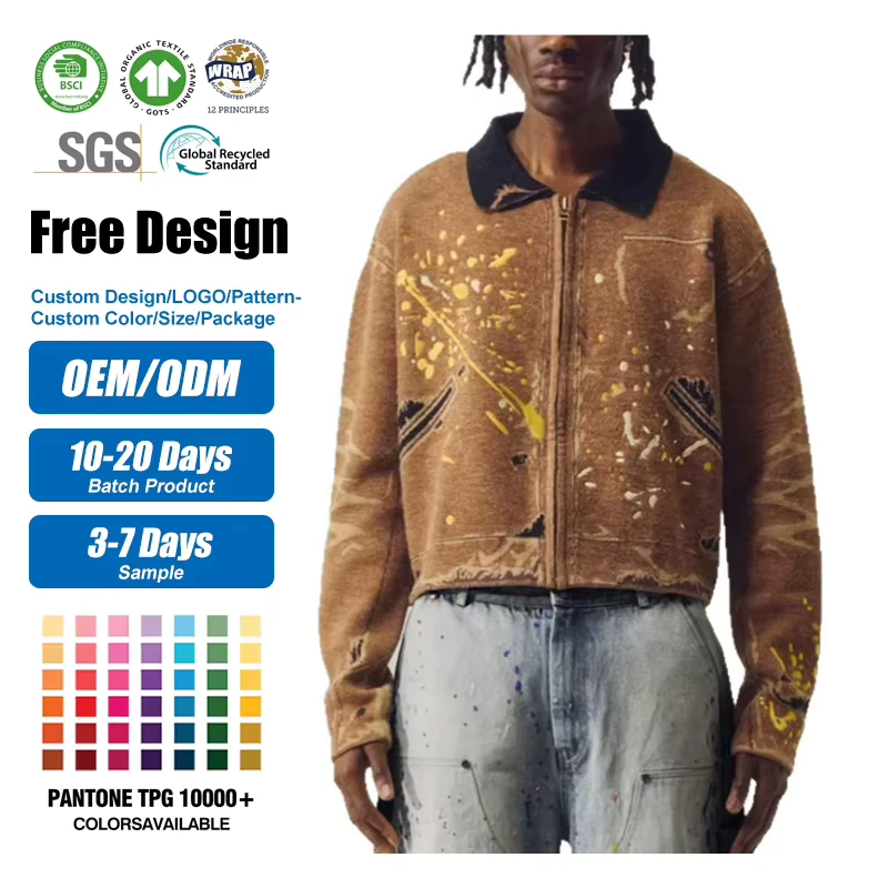 Streetwear Custom Knit Zip up Jacquard Cardigan Long Sleeve 100% Cashmere Knitwear Sweater for Men