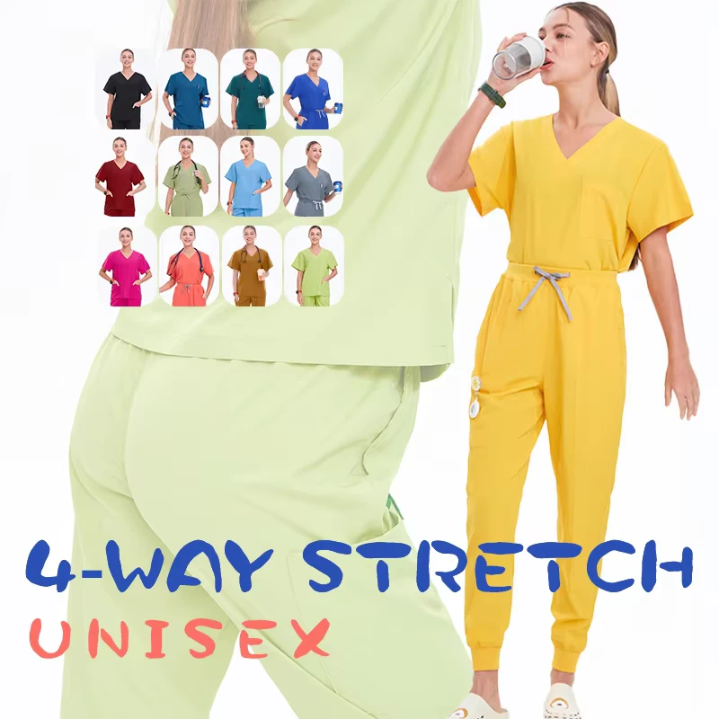 Stretch V-Neck Scrub Uniform Set Nurse Top and Jogger Pants for Dental and Veterinary Hospital Use