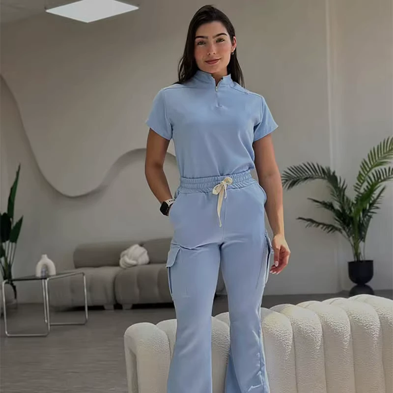 Stretch Zip High-Neck Scrub for Tall People Notch Side Medical Uniforms Drawstring Customization
