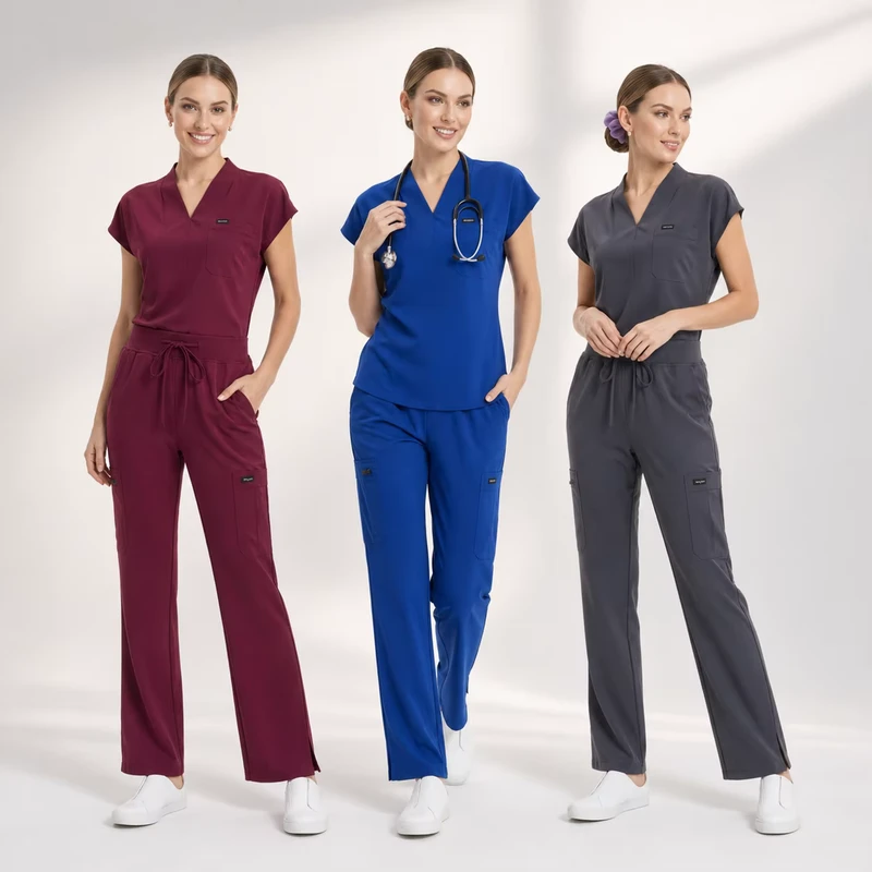 Stretchy Fabric Women Scrub Set Hospital Clinic Beauty Salon Fashion Medical Scrub Suits Cargo Pants Comfortable Scrub Set