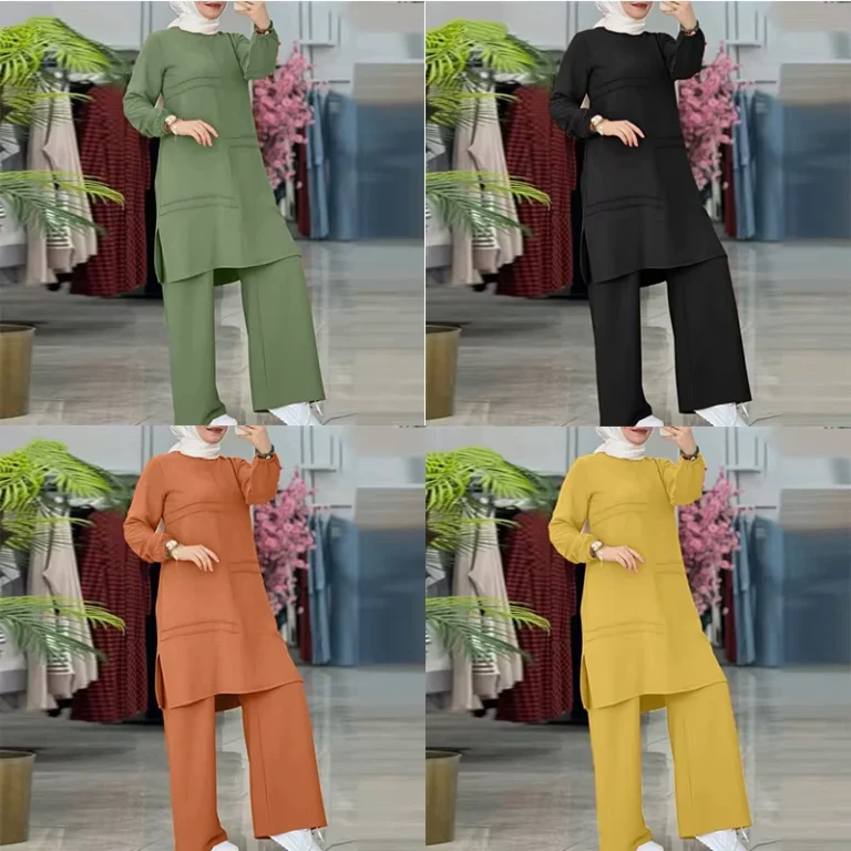 Stripe-Muslim-Womens-Fall-Winter-Tops-Fashion-Round-Neck-Turkish-Long-Sleeve-Shirt-Dress-Wide-Leg-Pants-2-Piece-Suit