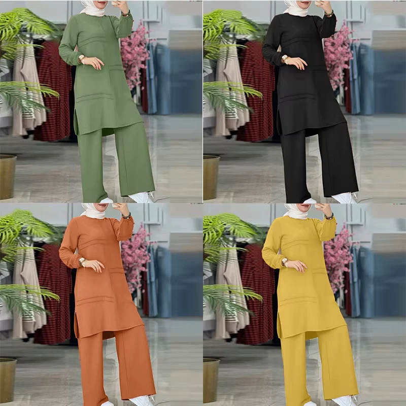Stripe Muslim Women's Fall Winter Tops Fashion Round Neck Turkish Long Sleeve Shirt Dress Wide Leg Pants 2 Piece Suit