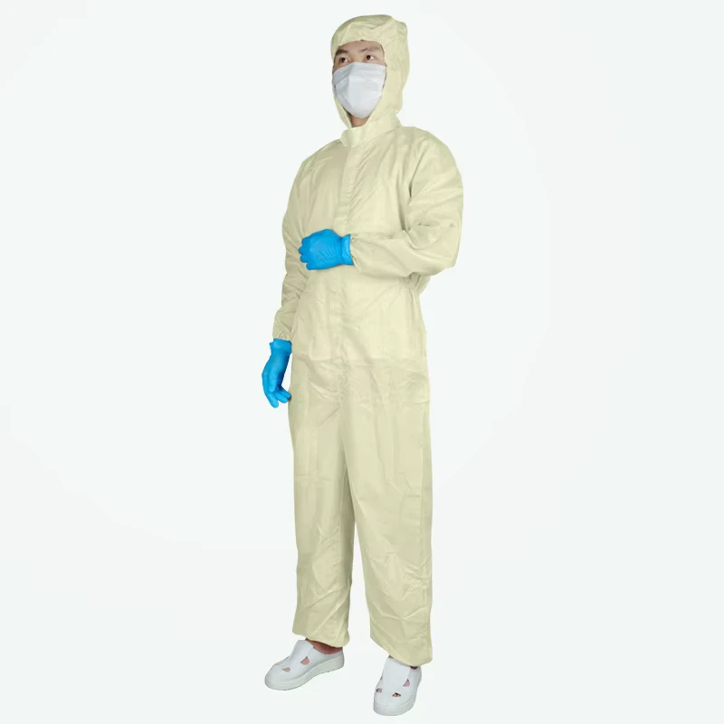 Striped Style Anti Static Conjoined Hooded Green Quick Dry Autoclavable ISO 4 8 Class Cleanroom Coveralls Level D Protection