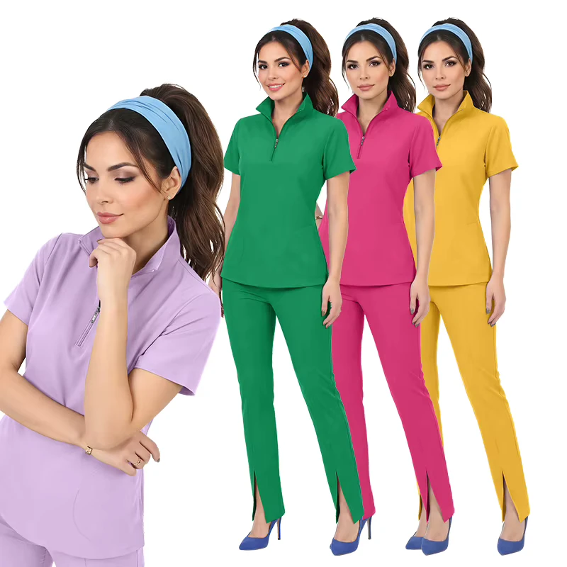 Stylish Custom Logo Solid Bright Color Medical Scrubs Set Spandex 4 Way Stretchy Anti Wrinke for Women Hospital Use