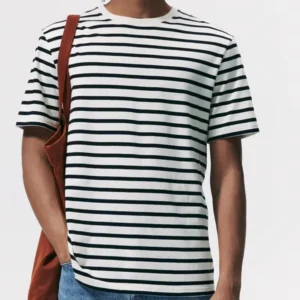 Summer 100% Cotton Transverse Thin Stripe Loose T-shirt Customized Casual Men’s Heavyweight Short Sleeve Tshirts