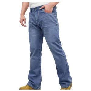 Summer 10oz Mid Weight EX Soft Relaxed Boot Cut Vintage Washed FR Printed Plaid Work Pants NFPA2112 EN11612 CAT2 Jeans Blue