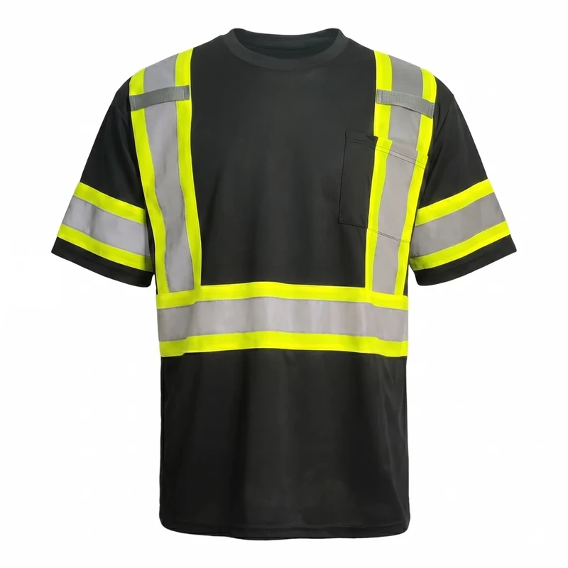 Summer Breathable Bird Eye Mesh High Visibility Safety T Shirt Black Reflective Workwear Short Sleeve Quick Dry Construction Tee
