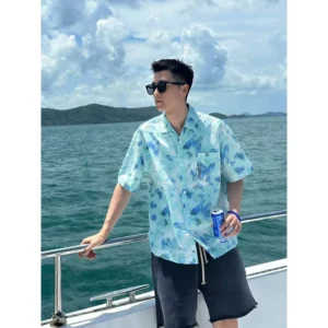 Summer Comfort Anti Wrinkle Breathable Heatwave Beach Resort Style Lightweight Jacquard Print Short Sleeve Hawaiian Vacation