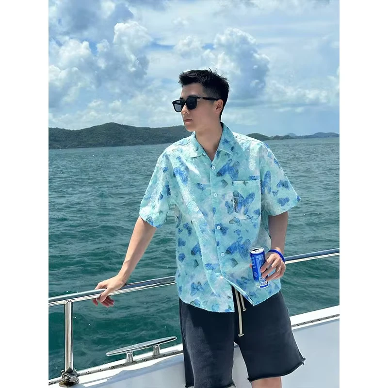Summer Comfort Anti Wrinkle Breathable Heatwave Beach Resort Style Lightweight Jacquard Print Short Sleeve Hawaiian Vacation