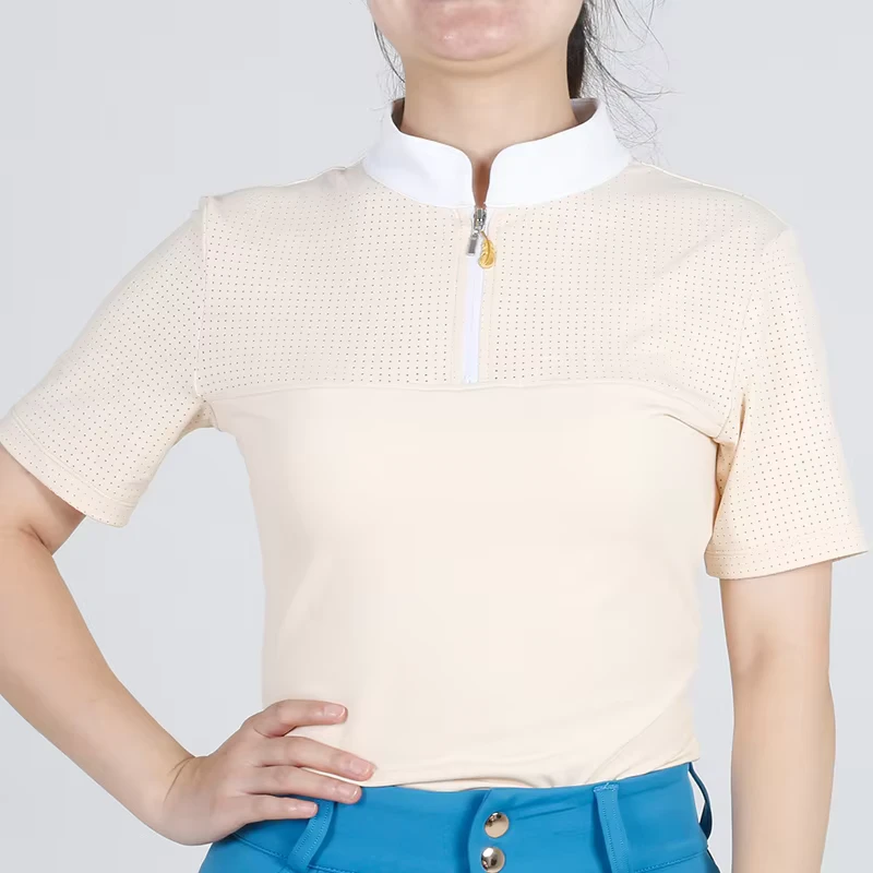 Summer Equestrian Quick Drying Tops 1/4 Zipper Horse Riding Sun Shirts Women Breathable Net Eyelet Skinny Short Sleeves