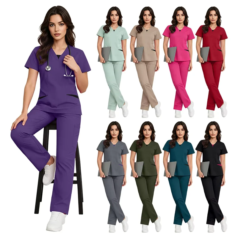 Summer Hospital Nursing Scrub Medical Uniform Set Contrast V-Neck Drawstring Cargo Pants