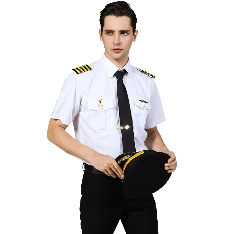 Summer Men's Aviation Uniforms White Long Short Sleeved Pilot Cadet Shirt for Airline Work