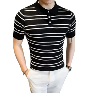 Summer Men’s Slim T shirt Short Sleeve Knitted Colours Striped Polo Shirts Latest Design Polo Shirt Men