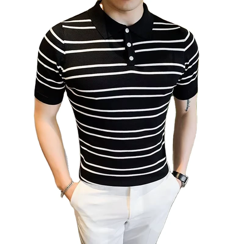 Summer Men's Slim T shirt Short Sleeve Knitted Colours Striped Polo Shirts Latest Design Polo Shirt Men