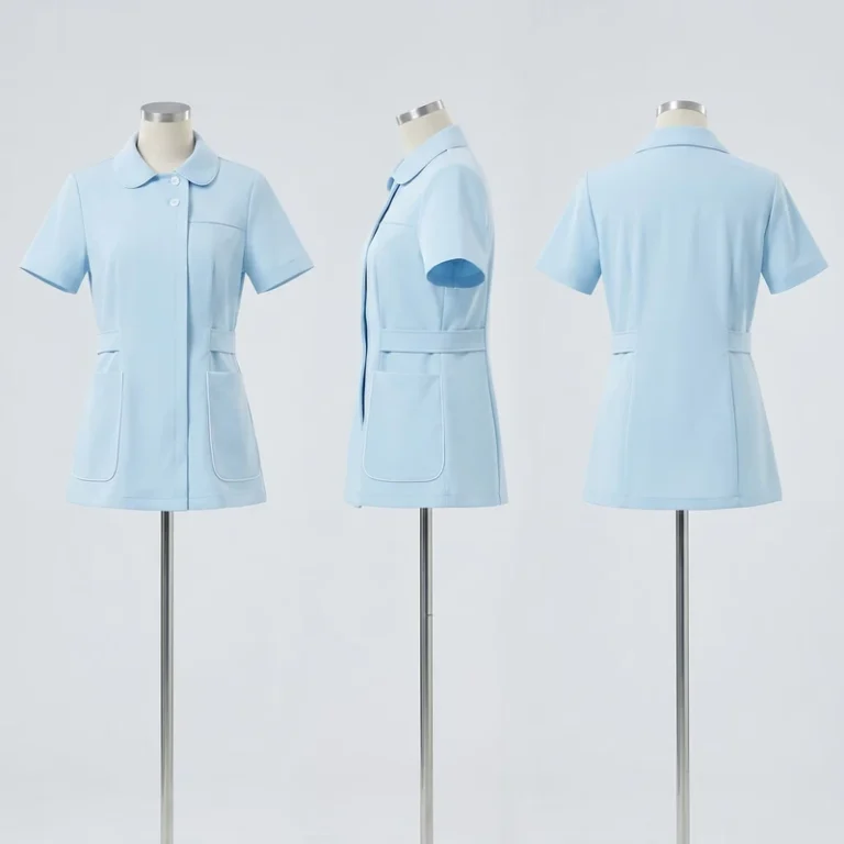 Summer-New-Blue-Womens-Nurse-Care-Short-sleeve-Blouse-Work-Uniform-Polyester-Cotton-Dobby-Fabric-Hospitals-Medical-Beauty