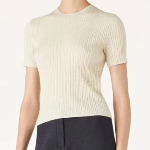 Summer New Retro Fine Cable Knit Crewneck Sweater Women's Slim Fitting Short Sleeve Solid Color Top