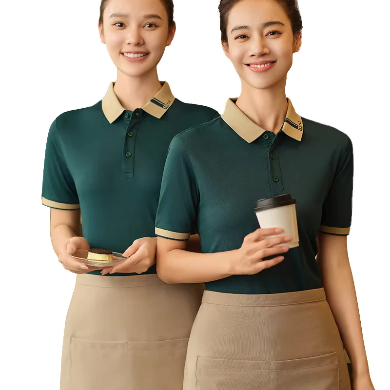 Summer Short-Sleeve Polo Shirt Restaurant Manager and Hostess Kitchen Uniform, 65% Polyester 35% Cotton
