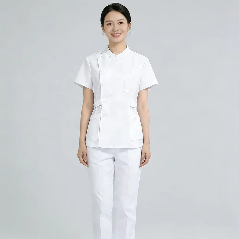 Summer Short-Sleeve White Nurse Dress and Scrub Uniform Set with Lab Coat and Pants