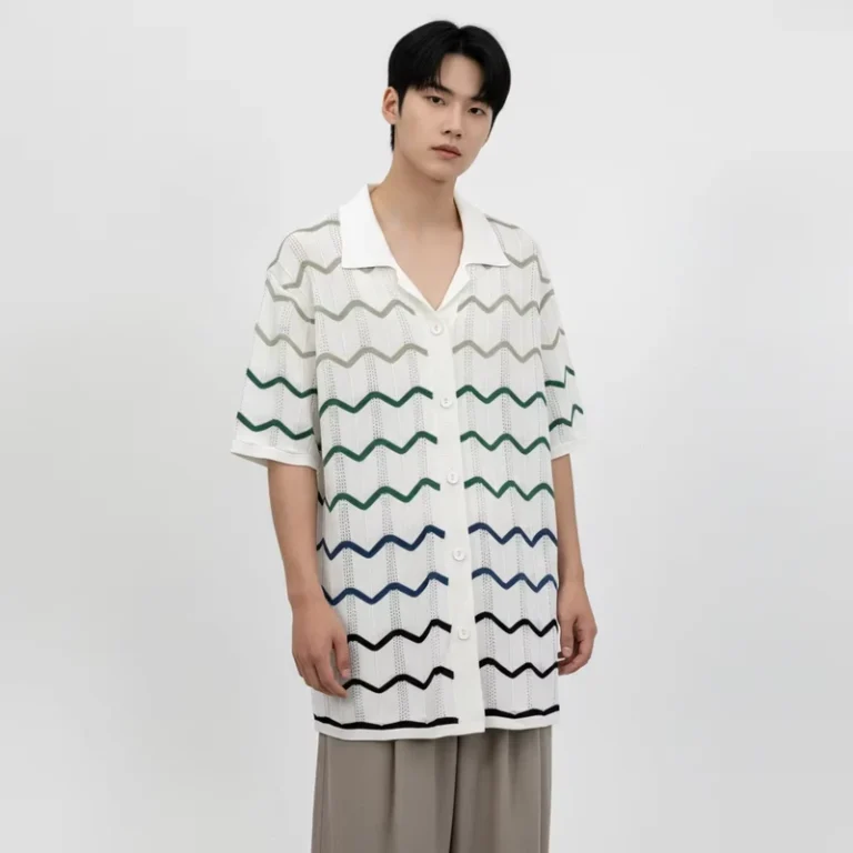 Summer-Stripe-Breathable-Mens-Short-Sleeve-Turn-Down-Collar-Cardigan-Sweater-Manufacture