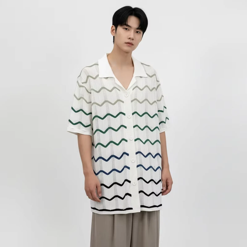 Summer Stripe Breathable Men's Short Sleeve Turn Down Collar Cardigan Sweater Manufacture