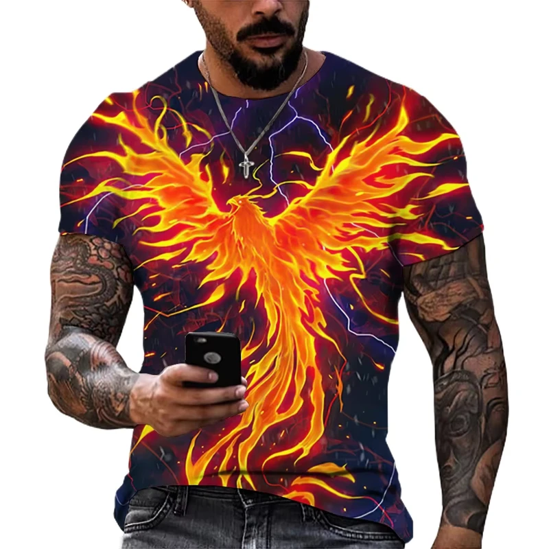 Summer Unisex T shirts 3D Phoenix Print Short Sleeve Tops Breathable Quick Dry Oversized Vintage 140GSM Jersey Fabric