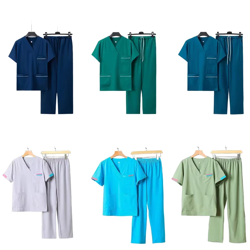 Surgical Medical Nursing Hospital Scrub Set with Nurse Cap Polyester Unisex Uniform