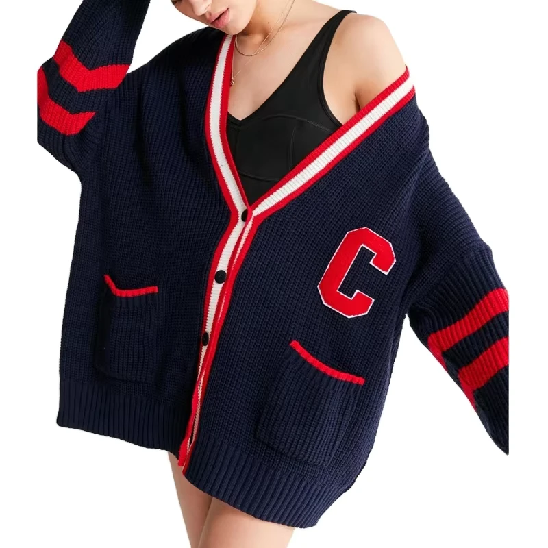 Sweater Manufactory Custom Custom V Neck Cardigan Sweater Women Knit Letter Pocket Long Letterman Cardigan Varsity Sweater