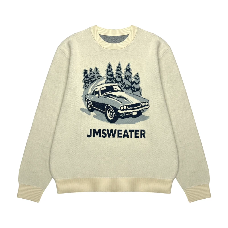 Sweater Manufacturer Custom Logo Men Cotton Graphic Jacquard Print Knitted Pullover Crew Neck Winter Sweater