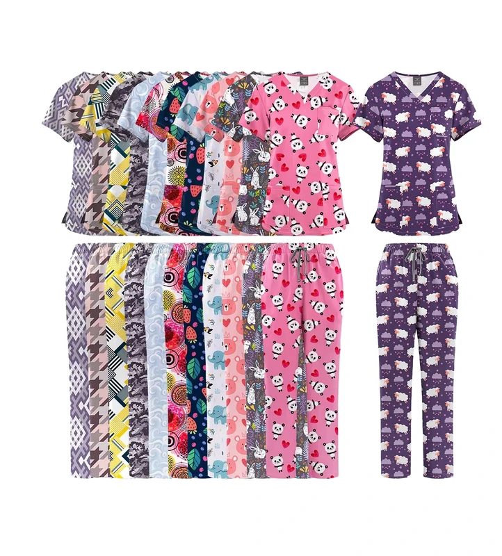 Sweet Cartoon Print Medical Scrub Set Soft Touch Nurse Doctor Working Uniform