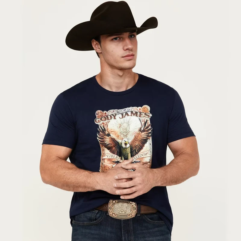 TS007 Equestrian Clothing Horse Riding Tops Men's Western Short Sleeve Loose and Casual Navy Graphic T Shirt