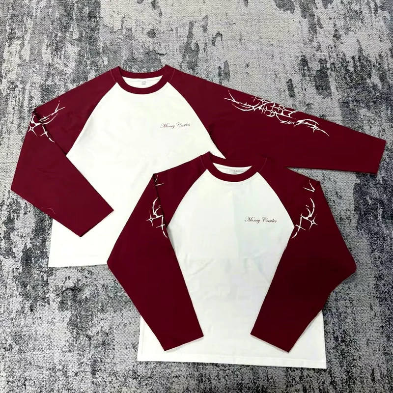 TS3745 Custom Logo Streetwear Graphic Pure Cotton Digital Print Long Sleeve Shirt Men's Raglan Sleeves Loose Fit T Shirts