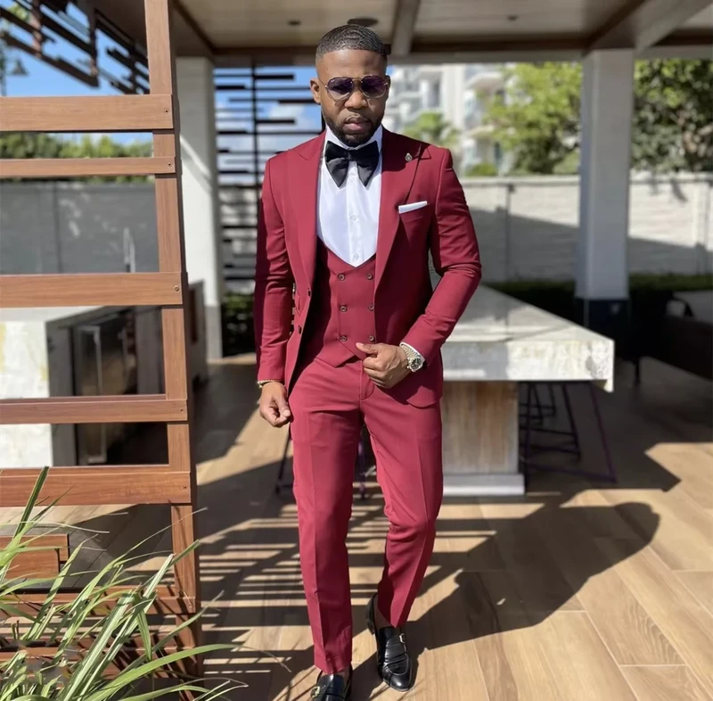 Tailored Made Burgundy Men Suits Slim Fit 3 Pcs Wedding Groom Formal Suits Blazer Classic Fit Fashion Set Terno Masculino
