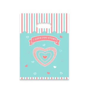Teal and Pink Stripe Heart Print Plastic Merchandise Bags, Reusable Die-Cut Handles