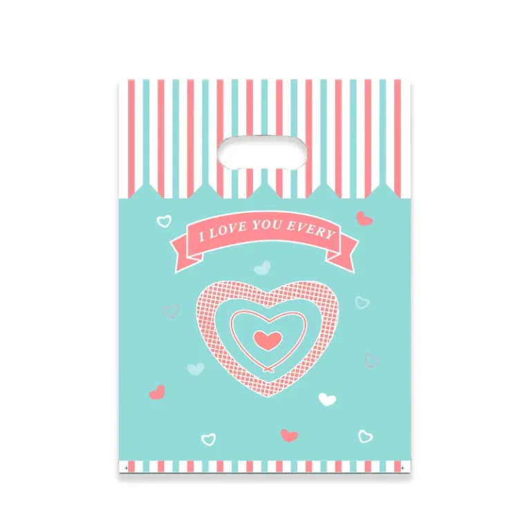 Teal-and-Pink-Stripe-Heart-Print-Plastic-Merchandise-Bags-Reusable-Die-Cut-Handles