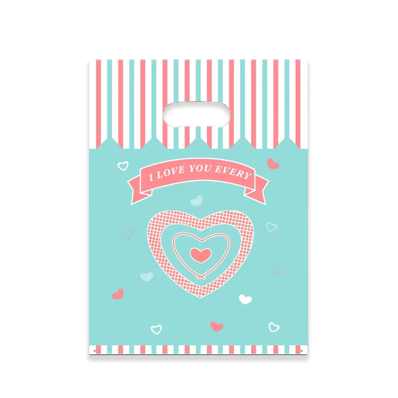 Teal and Pink Stripe Heart Print Plastic Merchandise Bags, Reusable Die-Cut Handles