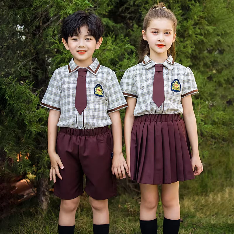 The Most Popular Plaid Shirt Red Half Skirt Primary School Summer Uniform Fashion Pure Cotton Can Be Customized