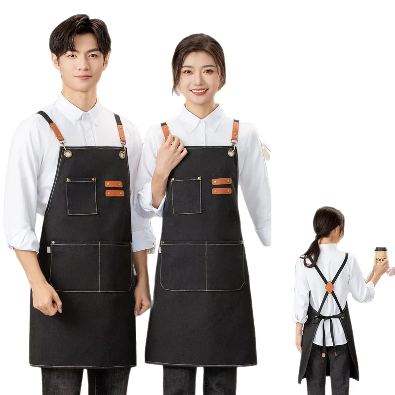 Thickened Denim Canvas Kitchen Apron Washable AndReusableSleevelessWith CoffeeShop Pattern Printing AndLOGOunisex and Waterproof