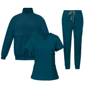 Three-Piece Medical Scrub Set with Stretch V-Neck Top, Jogger Pants, and Jacket