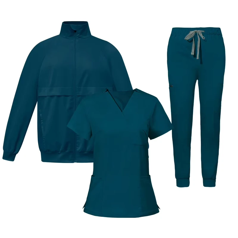 Three-Piece Medical Scrub Set with Stretch V-Neck Top, Jogger Pants, and Jacket