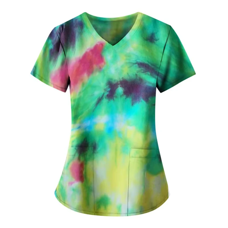 Tie-Dye Medical Scrub Top Jogger Set for Nurses Hospital Clinic Beauty Salon