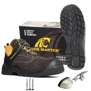 Tiger Master Dark Brown Suede Leather Oil Acid Resistant Pu Sole Puncture Proof Safety Boots Shoes for Men Steel Toe