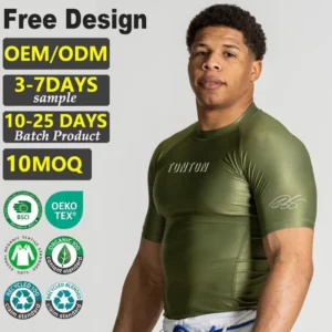 Tontons Factory Custom Sports Compression Tights and Shirts for Men Bjj Gi Uniform Short Sleeve Green Polyester Rash Guard
