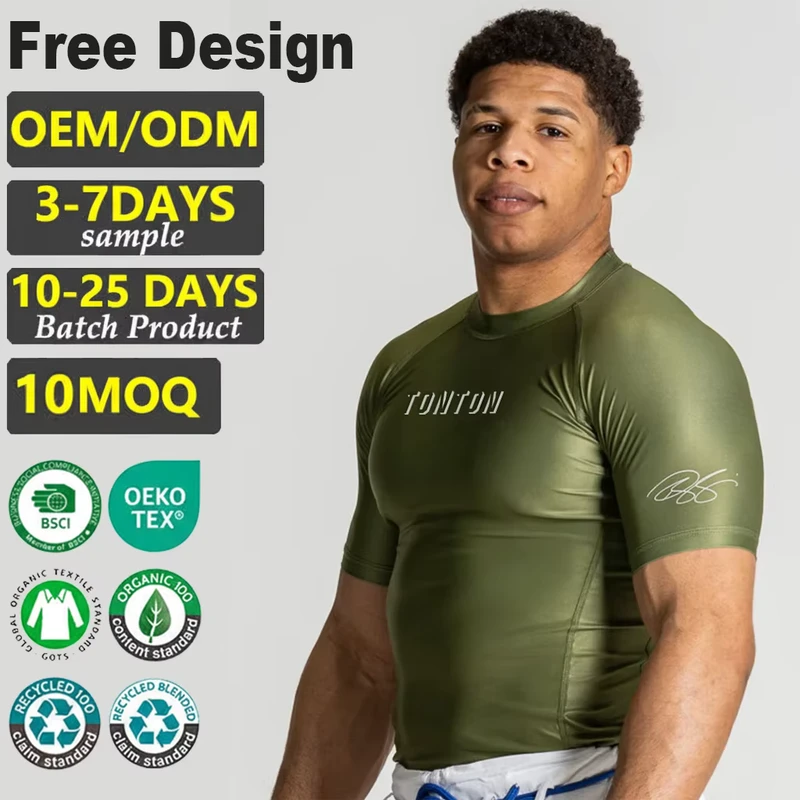 Tontons Factory Custom Sports Compression Tights and Shirts for Men Bjj Gi Uniform Short Sleeve Green Polyester Rash Guard