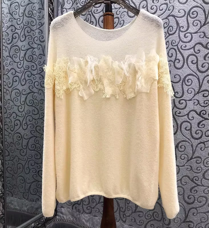 Top Quality New Wool Sweater Autumn Winter Pullovers Women Tassel Lace Embroidery Knitting Long Sleeve Soft Yellow Jumper