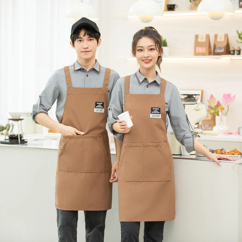 Touchhealthy Blank Logo Adjustable Reusable Cotton Women Waterproof Apron Baking Chef Cooking Kitchen Apron With Two Pockets