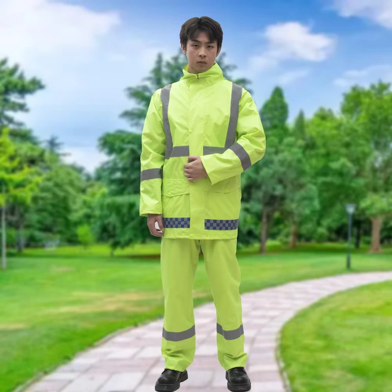 Traffic Duty Reflective Waterproof Oxford Cloth Motorcycle Raincoat Rain Pants Set Men's Women's Tour Full body Fluorescent