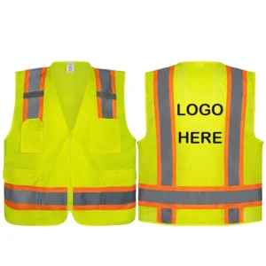 Two Tone ANSI Class 2 Lime High Visibility Reflective Safety Vest with Mesh, Zipper, and Customizable Logo Label